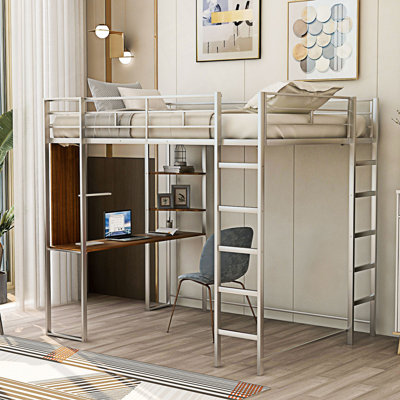 Lit mezzanine double en métal avec 2 tablettes et un bureau