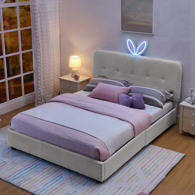 Queen Size Upholstered Bed With Oversized Rabbit Ear Headboard, LED Light & 4 Storage Drawers; Slat Kit, Boucle Fabric