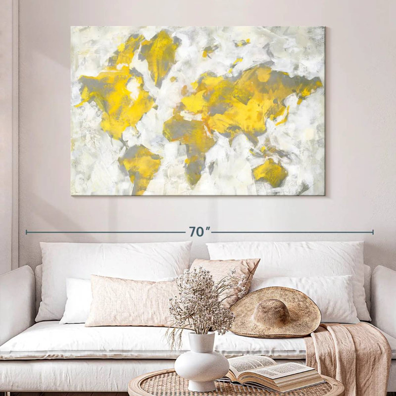 Carte du monde jaune-gris, H 34 po x l 51 po