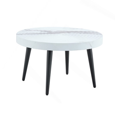 23.6" Round Coffee Table, White Marble Pattern Top with Black Metal Legs, Elegant Accent Table for Living Room