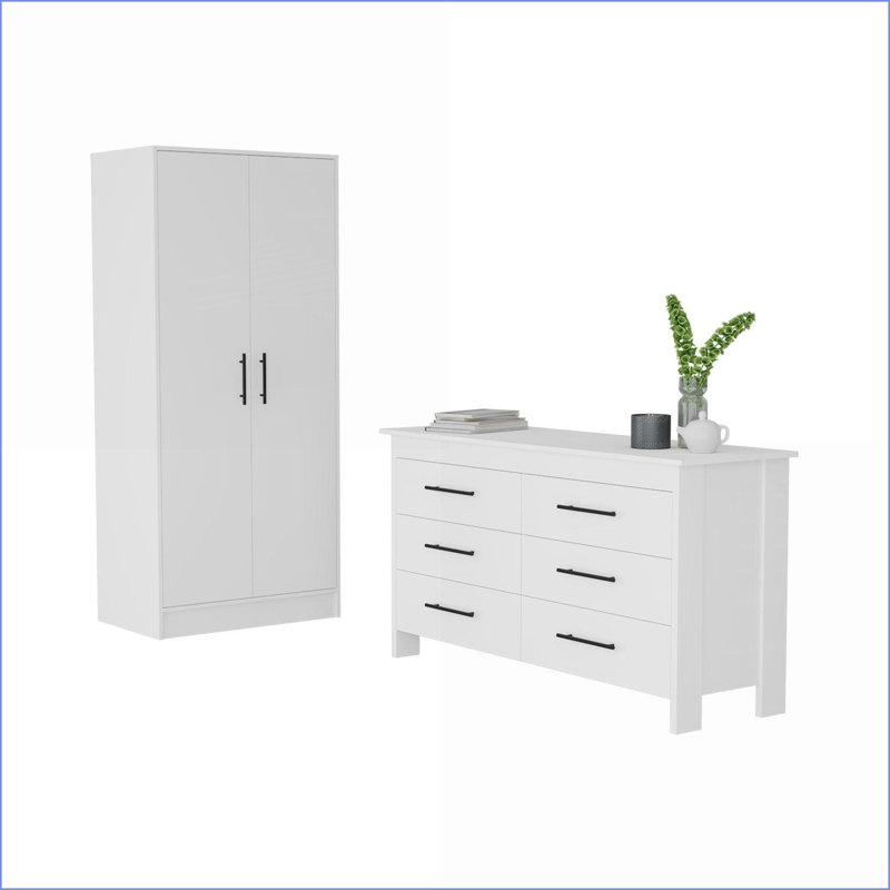 Ensemble de chambre à coucher, armoire 2 pièces + commode, blanc neige élégant | Blanc | Bois d'ingénierie