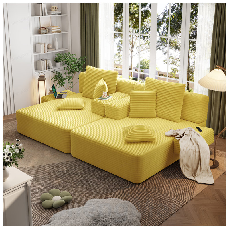 Ensemble 2 pièces surdimensionné de méridienne double, luxueux canapé-lit en velours côtelé moelleux avec 6 coussins et pochette de rangement pour les petits espaces, le cinéma maison et le salon