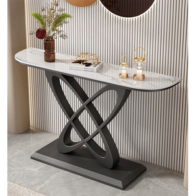 Modern Minimalist Sintered Stone & Black Metal Console Table, Curved Foyer Accent Table with Artistic Cross‑Shaped Support for Entryway Decor