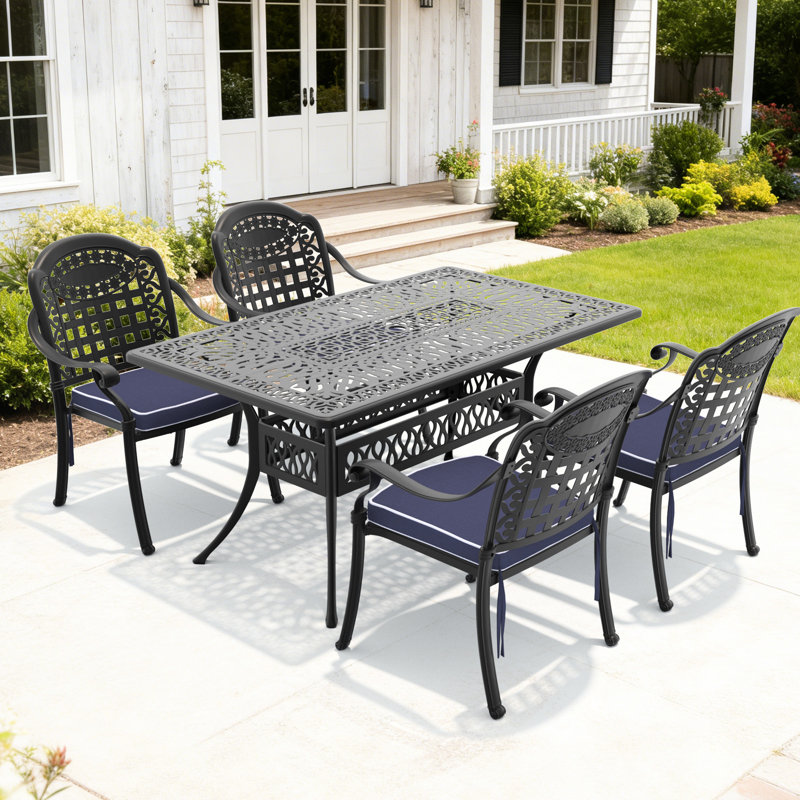 Ensemble de 5 chaises de jardin en aluminium moulé, structure noire, coussins d'assise bleus, fabrication artisanale, jolis motifs, revêtement, confortables, empilables, tissu résistant aux intempéries, pieds antibruit