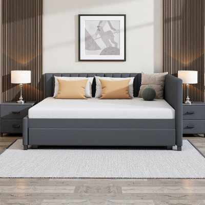 Full Size Linen Upholstered Daybed with Twin Trundle - Space-Saving Convertible Sofa Bed Frame, Gray