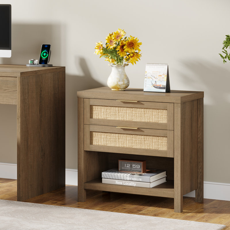 Rattan Nightstands Set Of 2, Farmhouse Bedside Table With 2 Drawers And Storage Shelf, Set of 2, Oak