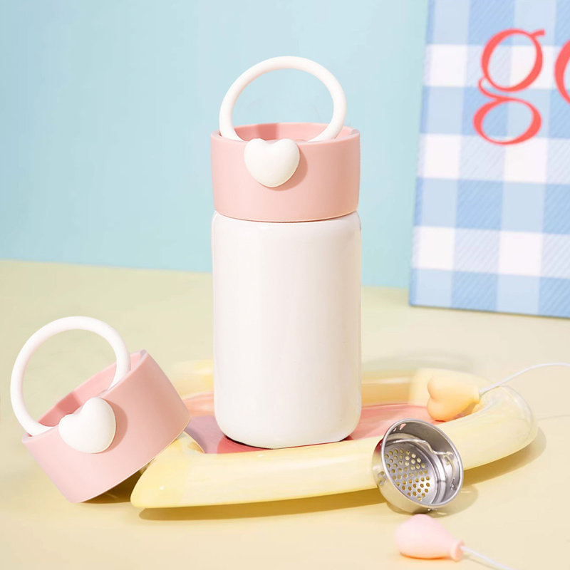 Bouteille d'eau compacte avec gobelet isotherme de style coréen pour les hommes et les femmes, Pink