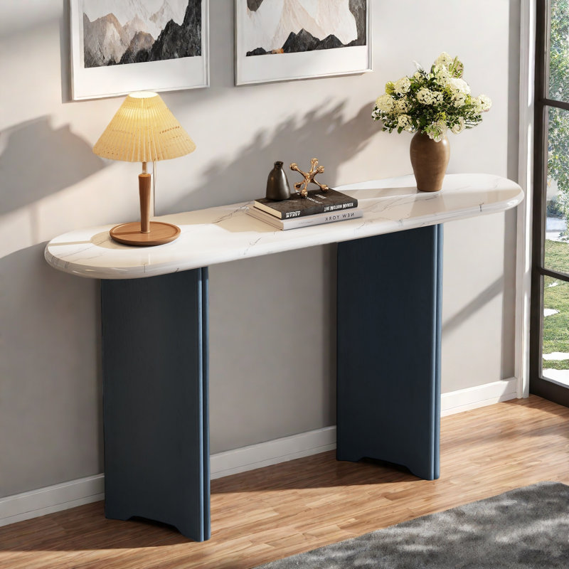 Narrow Console Table With Oval Marble Top, Curved Legs And Triangular-designed Base, Navy