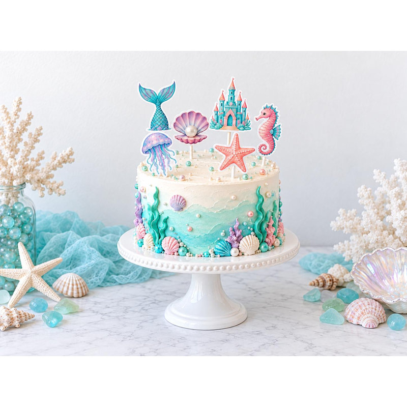 Mermaid Birthday Cake Decorations, Pearl Shell Ocean Toppers, Underwater Palace Picks