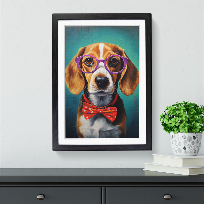 Beagle with Glasses Painting - Framed Print, Black Framed, 64cm H x 46cm W x 2cm D