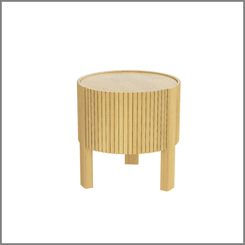 Table d'appoint ronde cannelée avec rangement pour le salon, bois d'hévéa massif, porte à fermeture en douceur, naturel, 19,6 po