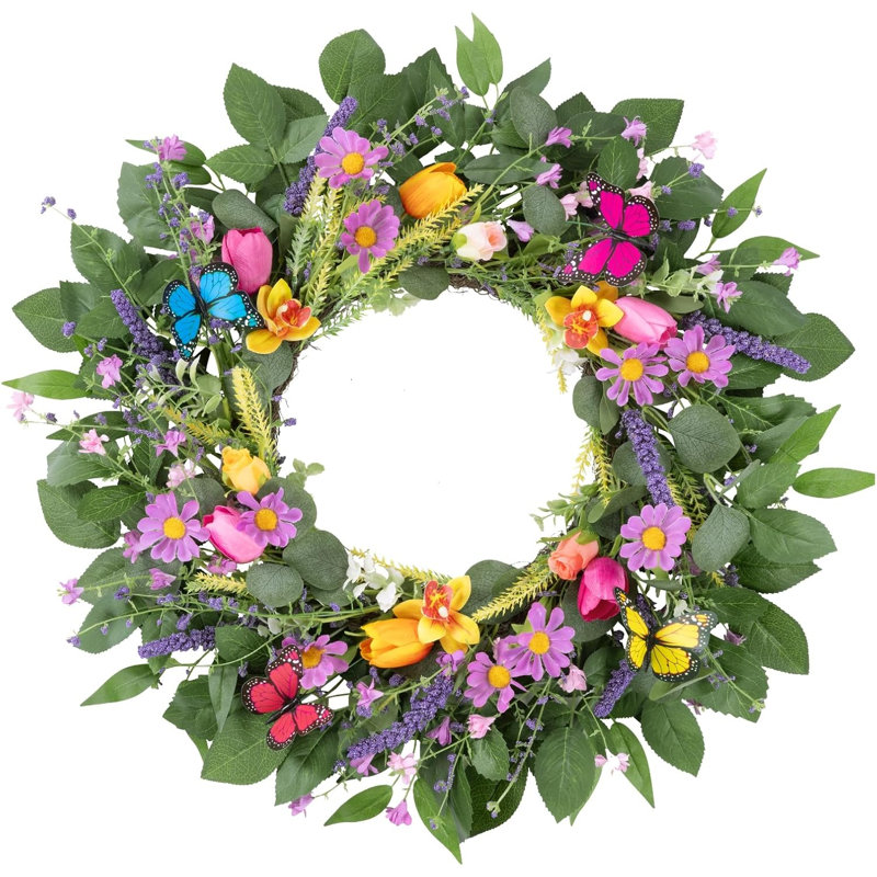 22" Artificial Butterfly Wreath, Green/Purple