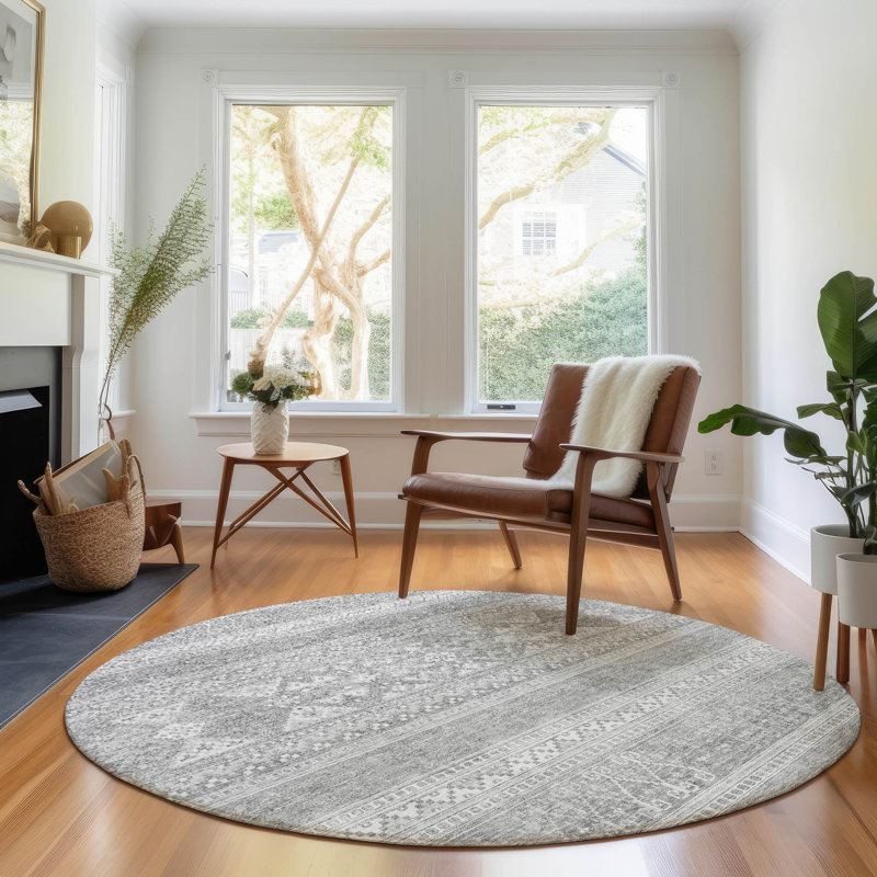 Premium Machine Washable Prisco Silver Rug, Round 8'