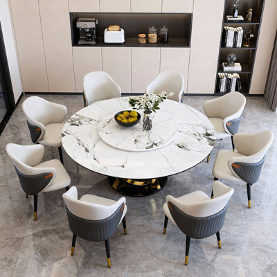 Table de salle à manger 59 "ronde avec plateau tournant rotatif à 360 ° Lazy Susan - Plateau de table en pierre frittée résistant aux rayures et à la chaleur