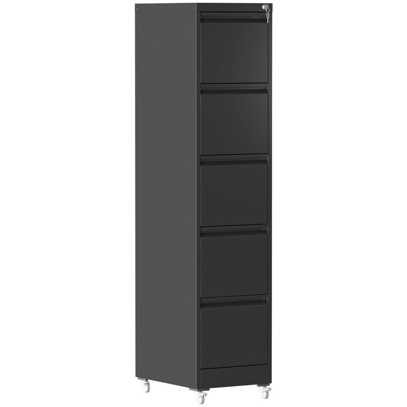 5 Drawer Metal Vertical File Cabinet With Lock And Wheels For Home Office, Adjustable Hanging Rods A4/Letter/Legal Size, Full - Retractable Slides, Construction In Black Wheels, Ample Room Smooth
