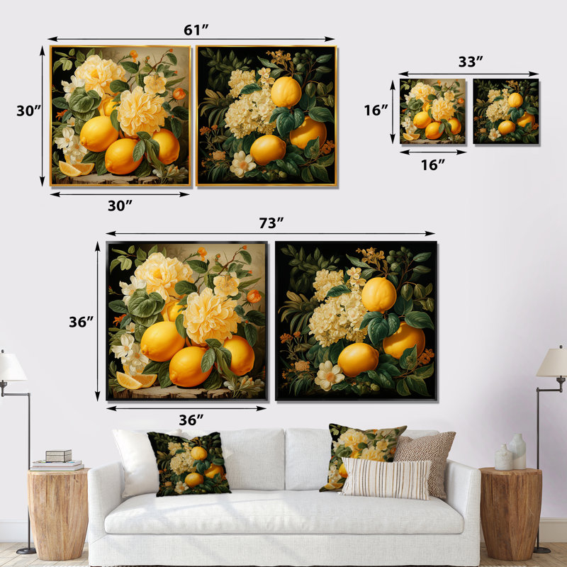 Peinture Renaissance d'un fruit du citron - fruits, ensemble de 2 impressions sur toile, Cadre flottant brun