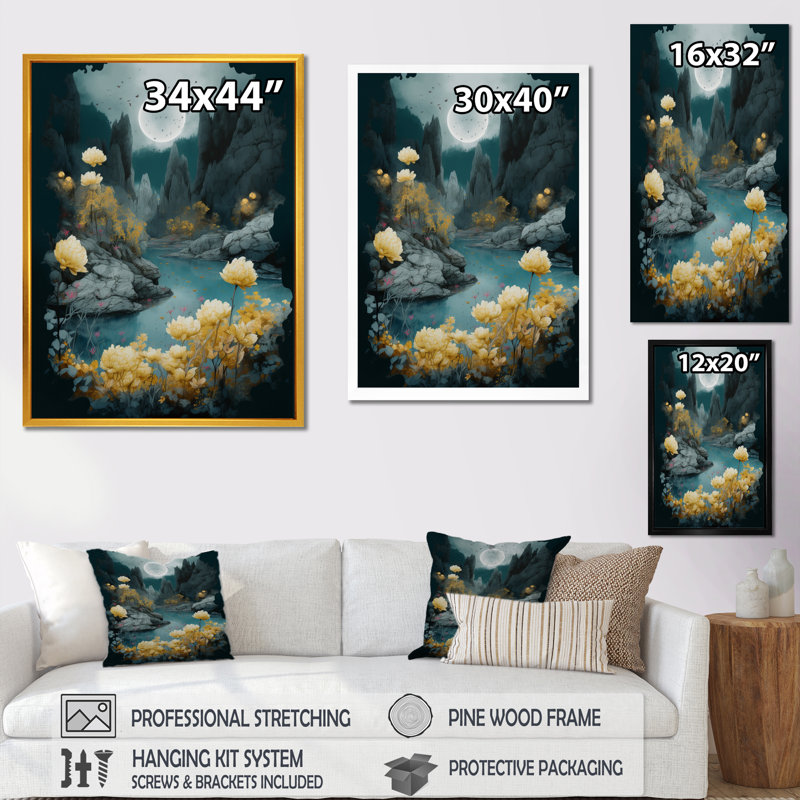 Lune à travers les sommets II sur toile, Cadre simple noir, H 20 po x l 12 po x P 1 po