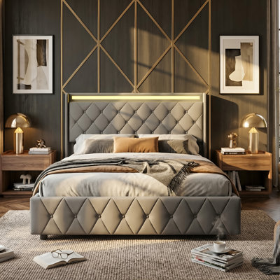 Smart Velvet Bed Frame with LED Charging Headboard, Tufted Upholstered Frame with Storage Drawers, Grey/Beige in Multiple Size (EU Single, Double & King)