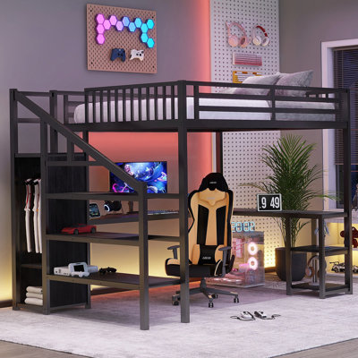 Lit mezzanine polyvalent avec garde-robe intégrée, bureau, charge USB et éclairage DEL pour les enfants, les adolescents et les adultes