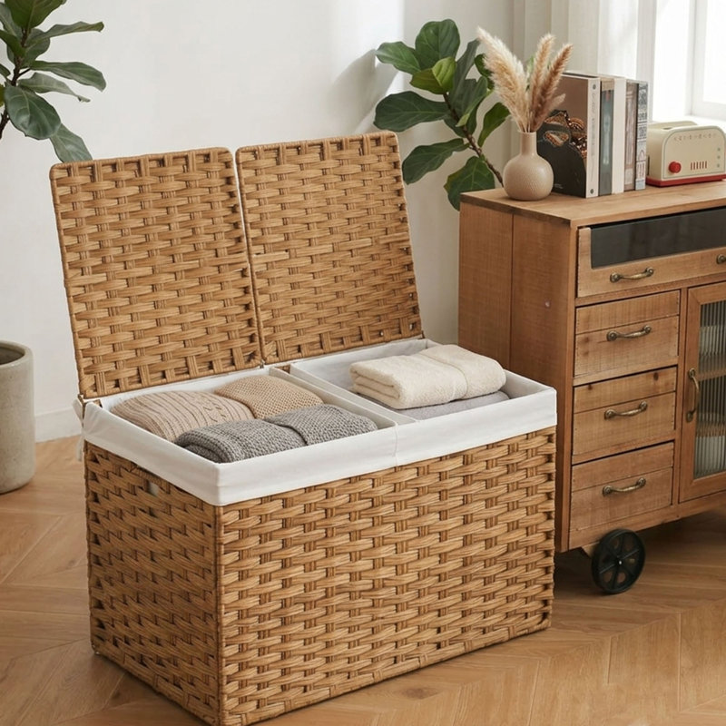 Rattan Storage Basket, Lid, and Removable Liners