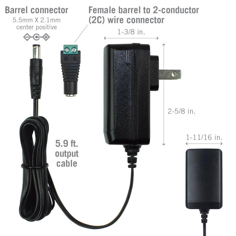 Wall Mount Power Supply Plug with Barrel & Terminal Connector 12V DC, 24W, 24