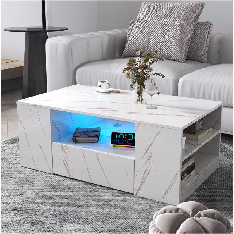 Table basse à DEL 14,57 po avec 2 tiroirs et tablette latérale ouverte, Blanc