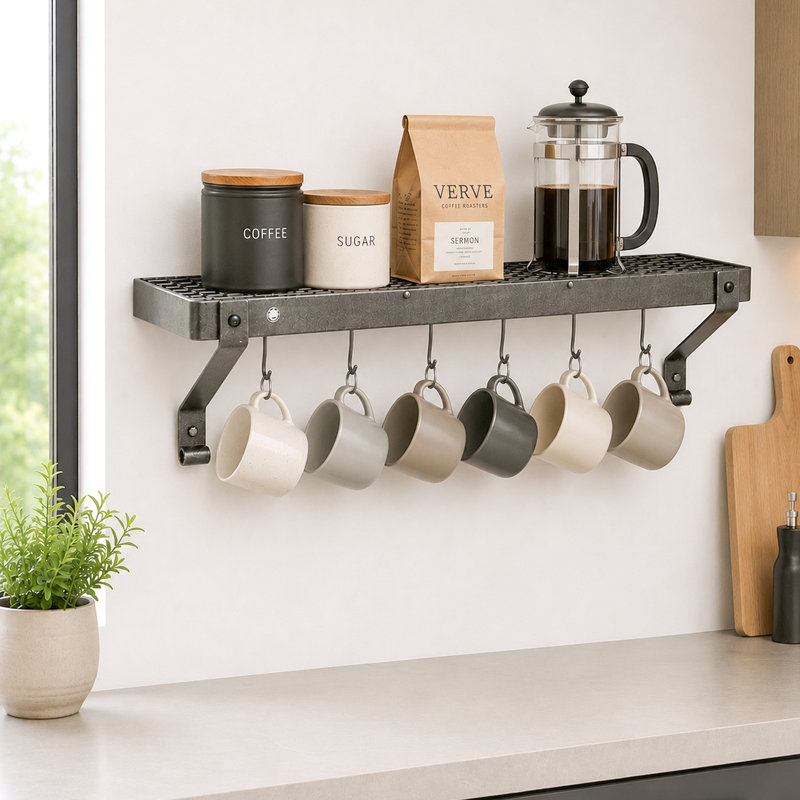 Gourmet Handcrafted Bookshelf Wall Mounted Pot Rack, 14" H x 30" W x 9" D