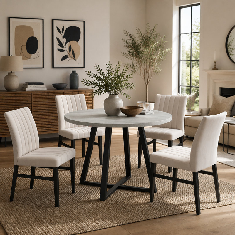 Ensemble de salle à manger 5 pièces, table à tréteaux ronde et 4 chaises rembourrées, gris et brun clair, Tan