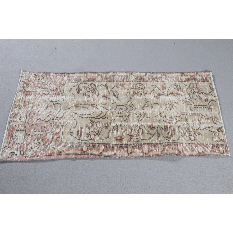 Vintage Turkish Door Mat in Beige and Pink Floral Design for Boho Home Decor Small Rug