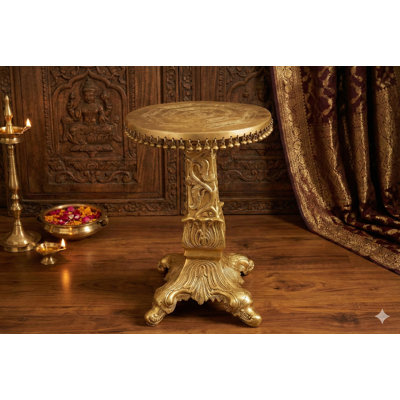 21" Brass Decorated Pedestal with Ghungroos – Handmade Patina Accent Table, Plant Stand & Exotic Display