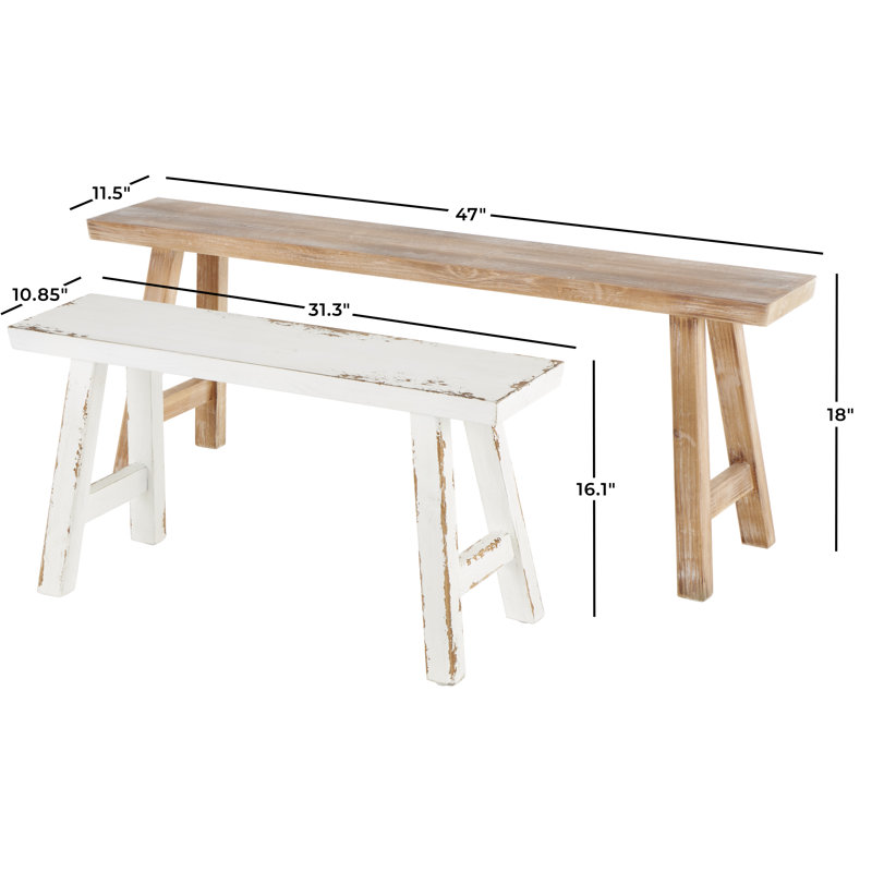 Brunhild Wood Slim Distressed Brown Bench with Smaller White Bench Set