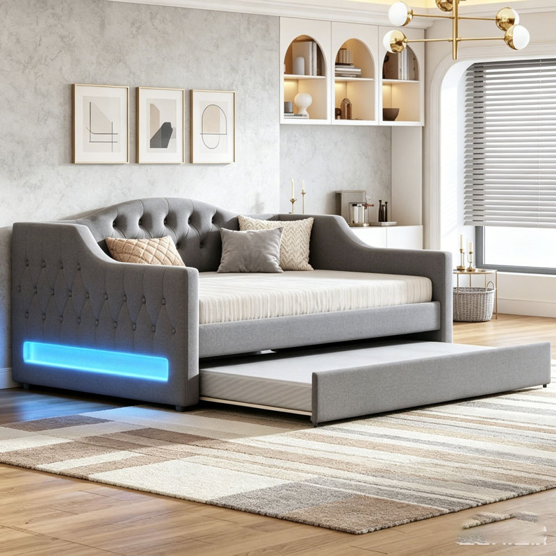 Lit de jour rembourré avec ceinture DEL, Double XL, Beige - Lit gigogne