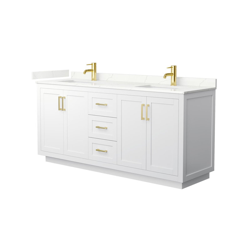 Meuble-lavabo double autoportant 72 po avec plateau en quartz Miranda, Giotto Quartz, Blanc, Or brossé