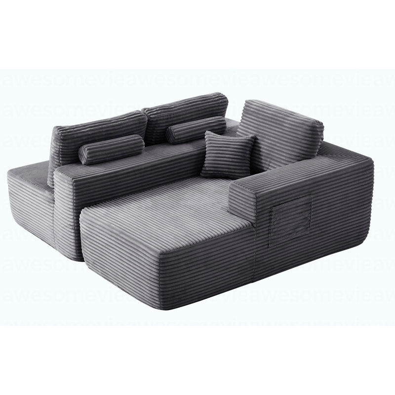 Canapé modulaire de 104 po avec méridienne en forme de L et poches latérales, conception modulaire moderne, assise profonde, canapé rembourré pour le salon / chambre à coucher, sans assemblage requis (tissu moelleux), gris, droite