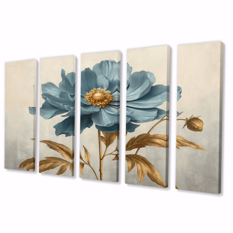 Blooming Blue Anemone Leaves Retro Art I - Wildflowers Wall Art Living Room - 5 Equal Panels