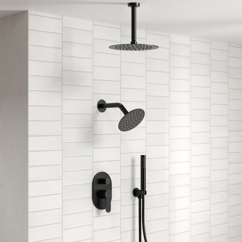 Ceiling Mount High-Pressure Rainfall Shower Faucet, Dual Showerheads System with Rough-in Valve, Handheld Shower, Matte Black