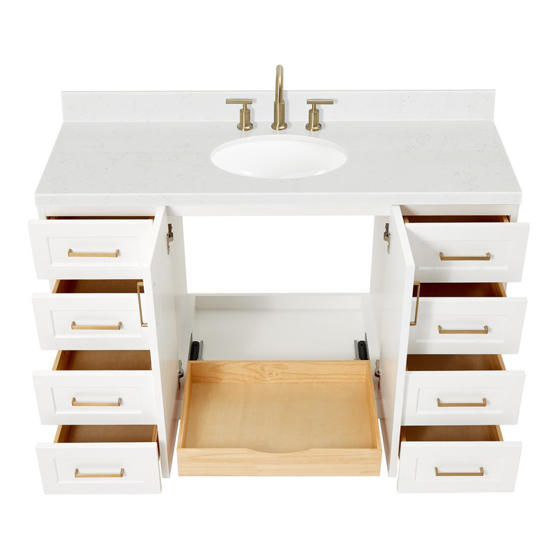 Freitas 55" Solid Wood Single Bathroom Vanity in White with 1.5'' Pure White Quartz Top, Center, Rectangle Sink, White