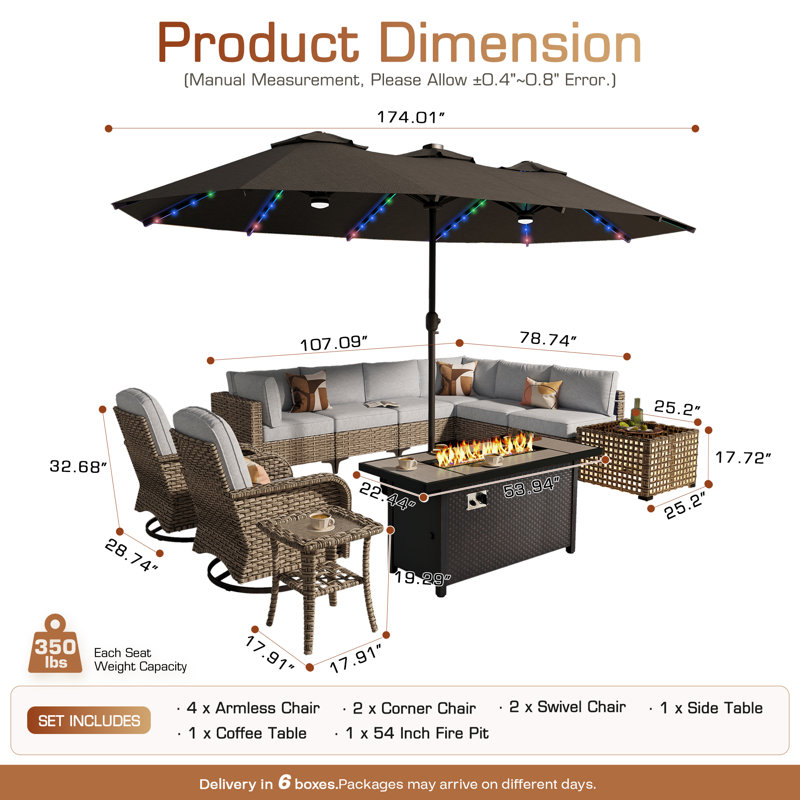 Ensemble de mobilier d'extérieur 11 pièces avec canapé modulaire en osier et foyer au propane, Gris clair