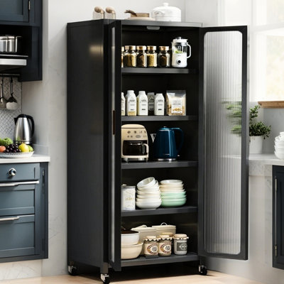 Armoire de cuisine 65 po, 6 niveaux en métal, portes magnétiques transparentes, tablettes réglables, roues, gris, pour salle à manger et espaces d'étude