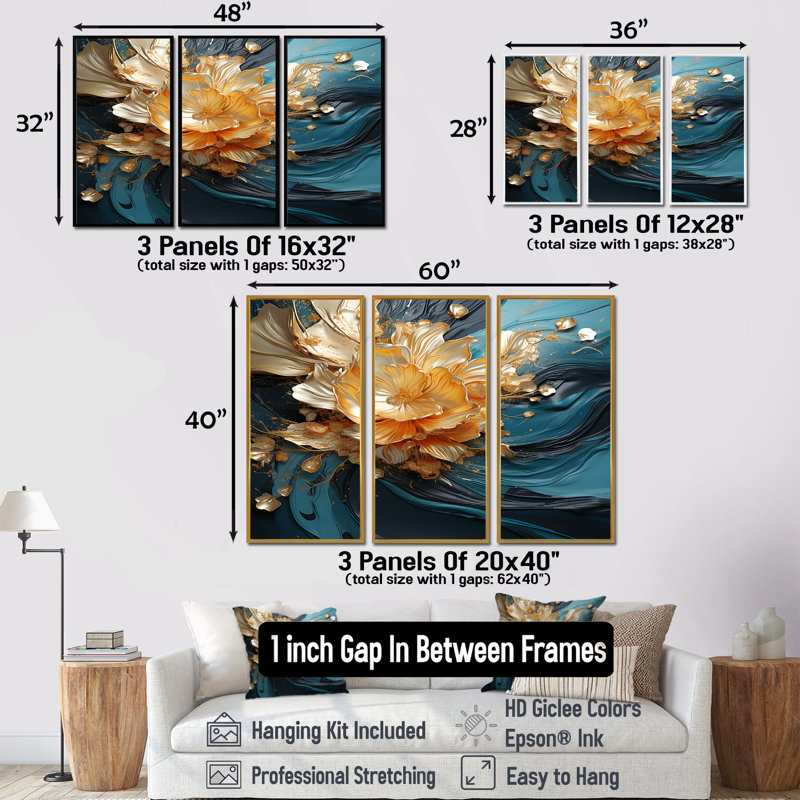 Blooming Golden Flower Waves - Art mural abstrait, ensemble de salon, Cadre flottant brun, H 40 po x l 60 po x P 1 po