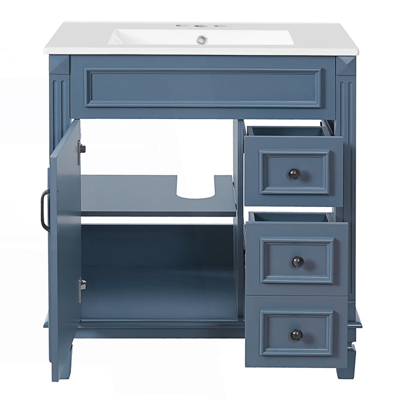 Meuble-lavabo avec lavabo en céramique, petite armoire de salle de bain, armoire moderne avec 2 tiroirs et tablette réglable