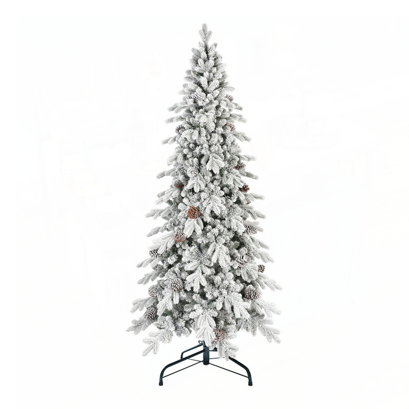 Arbre de Noël 9 pi en PVC floqué 9 pi avec 52 pommes de pin naturelles, 2138 pointes, conception peu encombrante, branches articulées, support en métal stable, aspect enneigé réaliste