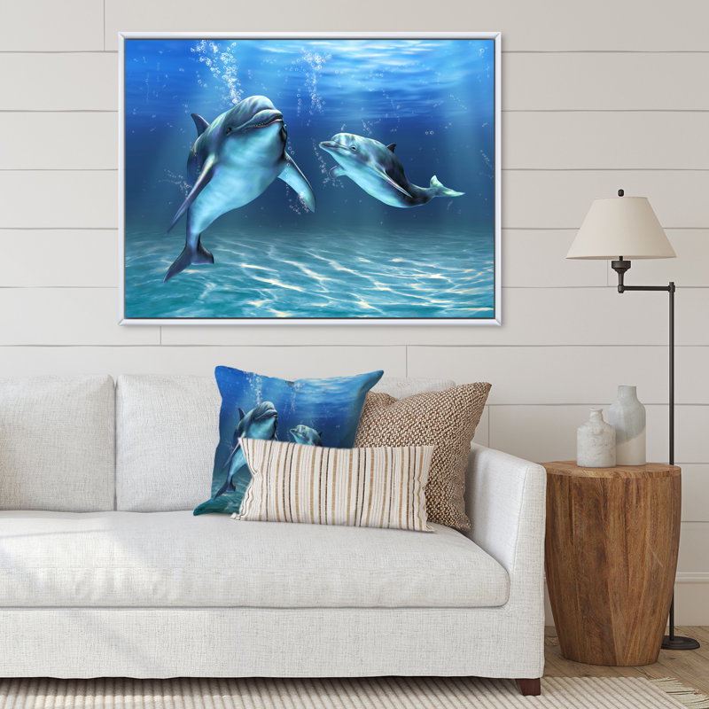 Deux dauphins bleus - Impression sur toile, Cadre flottant blanc, H 12 po x l 20 po