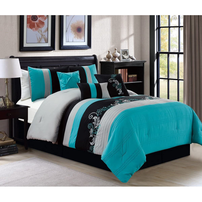 Floral Embroidered Microfiber 7 Piece Comforter Set, Queen Comforter + 6 Additional Pieces, Teal/Gray/Black