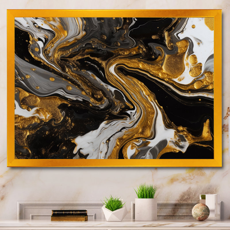 Or noir marbré Dreamscape II sur impression sur toile, H 34 po x l 44 po x P 1,5 po, Cadre flottant doré