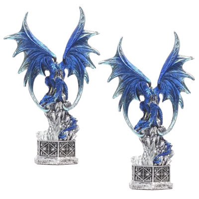 "2-PC Set" ICE ARMOR 10.75"H LED Blue Dragon with Treasure Box Figurine Statue Sculpture Ornament Decoration Home/Room Decor and Perfect Gift Ideas for Housewarming, Holidays and Birthdays Great Collectible Addition