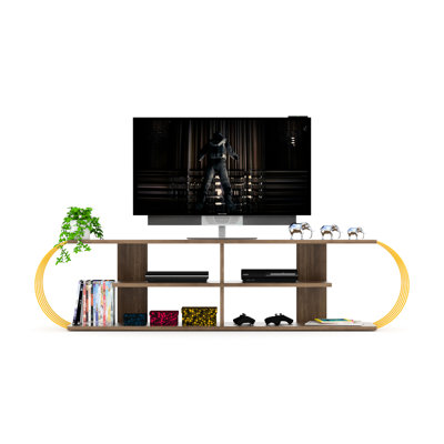 Meuble télé à 4 étagères, style moderne du milieu du siècle, 173 cm (68 pouces), en bois massif noyer/jaune, rangement ouvert avec centre.