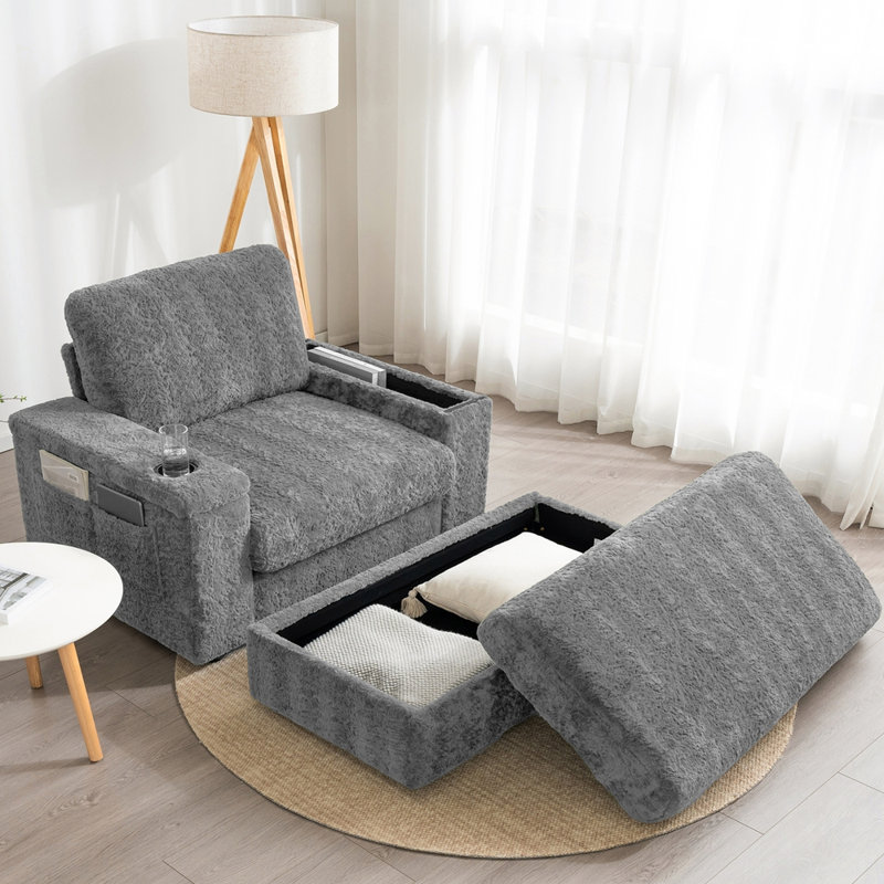 Oversized Chaise Lounge Indoor,Faux Rabbit Fur Sofa Bed with Storage Ottoman and Armrests, Gray