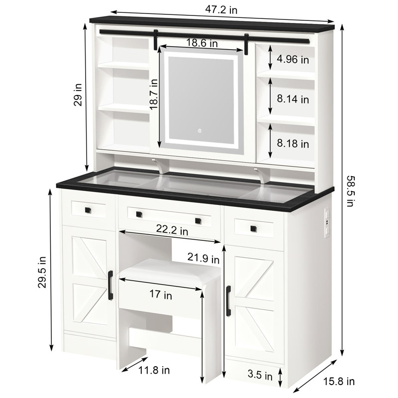 Vanity Desk with Sliding Mirror,Makeup Table Chair Set with 3 LED Light Modes, 3 Drawers, 2 Barns