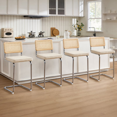 Upholstered 26" Linen Counter Stool With Rattan Cane Back And Metal Frame